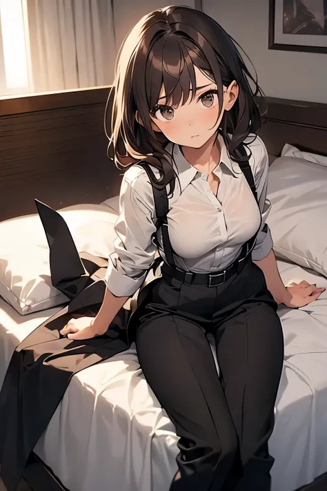 Brown Hair、Staring at the audience　　　Black suspenders　　　bulging big breasts　　 　 　　　wall: 　Black pantsuit　　　　　　sight　　　Small face　 　　　holster　　　Beautiful woman　　Show your hand　　 Lying in bed　　sight 　　Taunt　side　side汗 　arm　Dress shirt　Black Suit　belt