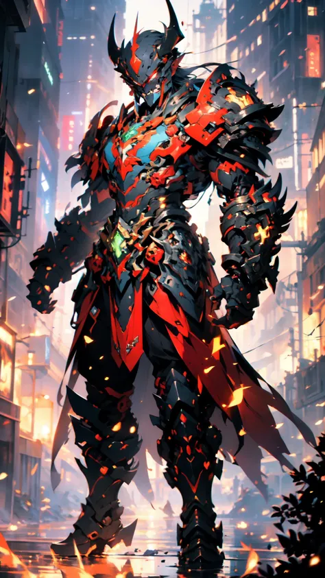 A man wearing a full-face helmet, a fantasy-style biotech armored combat suit, green eyes, (a composite layered chest armor), fully enclosed shoulder guards, matching arm and leg guards, the belt is adorned with 666 mark, (the color scheme is primarily red...