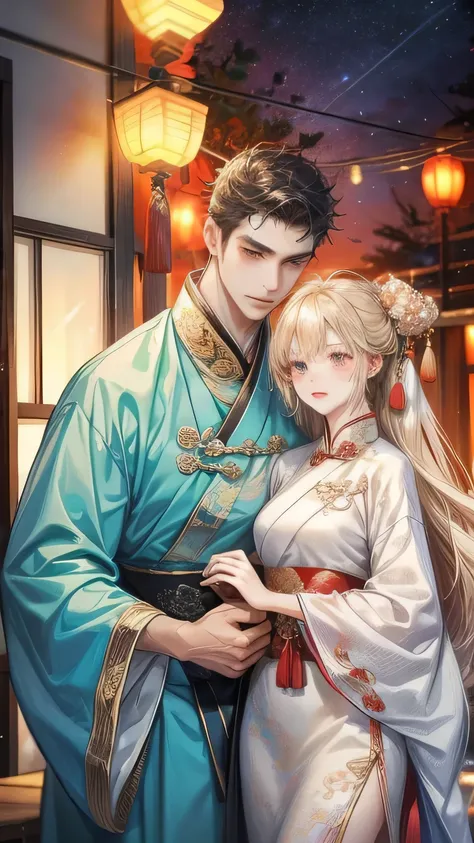 male and female couple, Wearing Hanfu costume, ancient chinese dress, romantic, Romance, cute