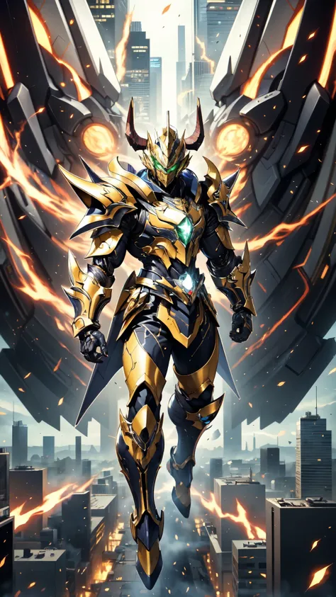 A man wearing a full-face helmet, a fantasy-style biotech armored combat suit, green eyes, (a composite layered chest armor), fully enclosed shoulder guards, matching arm and leg guards, the belt is adorned with 666 mark, (the color scheme is primarily red...