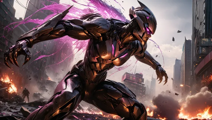 A highly detailed, hyper-realistic, alien violet gradient liquid metal robot, extremely intricate robotic features, glowing purple eyes, sharp metallic claws, wields powerful energy weapons, epic battle with Marvels Iron Man, dramatic action scene, downtow...