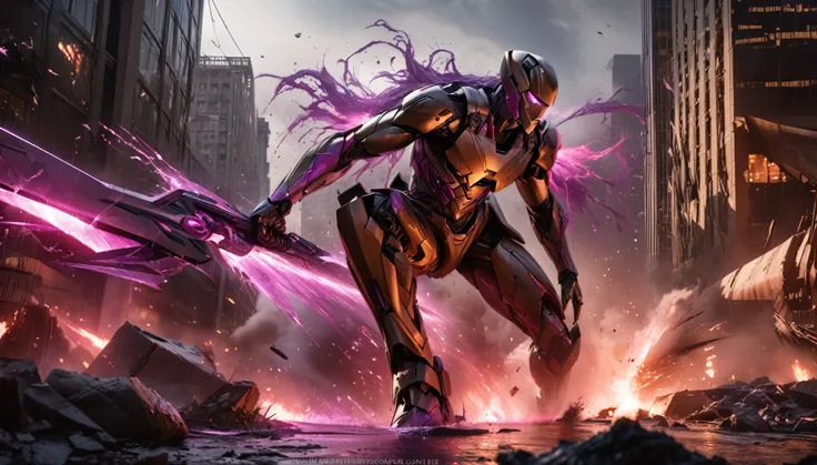 A highly detailed, hyper-realistic, alien violet gradient liquid metal robot, extremely intricate robotic features, glowing purple eyes, sharp metallic claws, wields powerful energy weapons, epic battle with Marvels Iron Man, dramatic action scene, downtow...