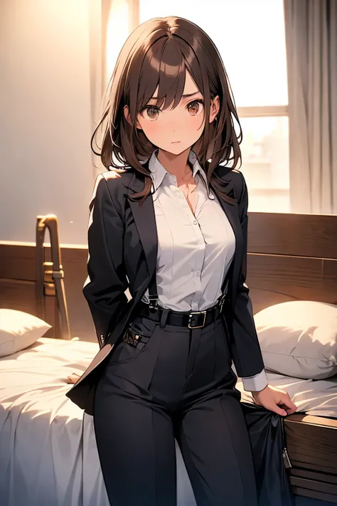 Brown Hair、Staring at the audience　　　Black suspenders　　　bulging big breasts　　 　 　　　wall: 　Black pantsuit　　　　　　sight　　　Small face　 　　　holster　　　Beautiful woman　　Show your hand　　 Lying in bed　　sight 　　Taunt　side　side汗 　arm　Dress shirt　Black Suit　belt