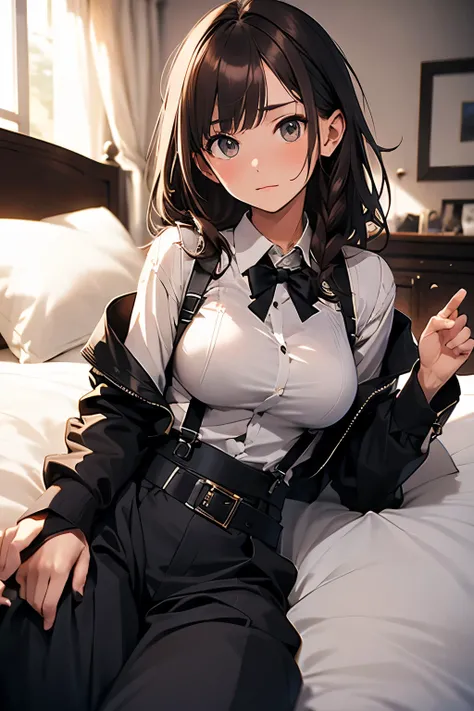 Brown Hair、Staring at the audience　　　Black suspenders　　　bulging big breasts　　 　 　　　wall: 　Black pantsuit　　　　　　sight　　　Small face　 　　　holster　　　Beautiful woman　　Show your hand　　 Lying in bed　　sight 　　Taunt　side　side汗 　arm　Dress shirt　Black Suit　belt