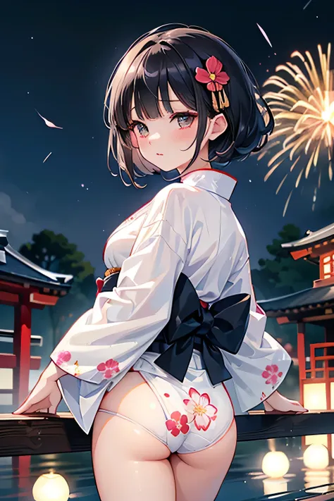 ((sexy cute mini kimono and elegant beautiful white laced panties)),
Full body,Looking back,♥(Japanese beautiful flower printed kimono,yukata),((1girl,cute,young,semi long beautiful black hair,blunt bangs,twin tales,beautiful eyes)),(solo),((masterpiece, h...