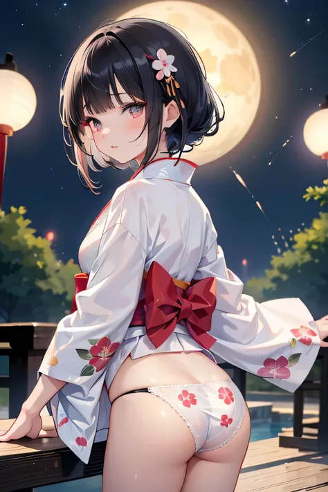 ((sexy cute mini kimono and elegant beautiful white laced panties)),
Full body,Looking back,♥(Japanese beautiful flower printed kimono,yukata),((1girl,cute,young,semi long beautiful black hair,blunt bangs,twin tales,beautiful eyes)),(solo),((masterpiece, h...