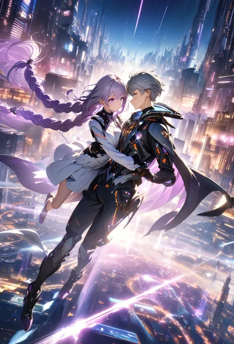 masterpiece, best quality, (Very detailed CG Unity 8k wallpaper), (best quality), (Best Illustration), (Best shadow), futuristic city background, floating in air,  (A couple, beautiful girl and boy), Big watery eyes, Look at each other, purple hair,purple ...