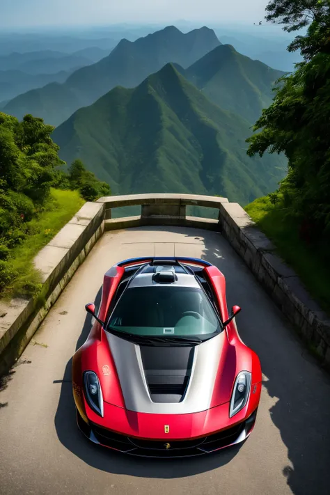 In the lofty heights of Mount Emei, an abandoned Ferrari supercar teeters precariously on the edge of a sheer cliffside. The once sleek and shining car now adorned with a sprawling bush of roses blooming from its roof, fragments of petals cascading down li...