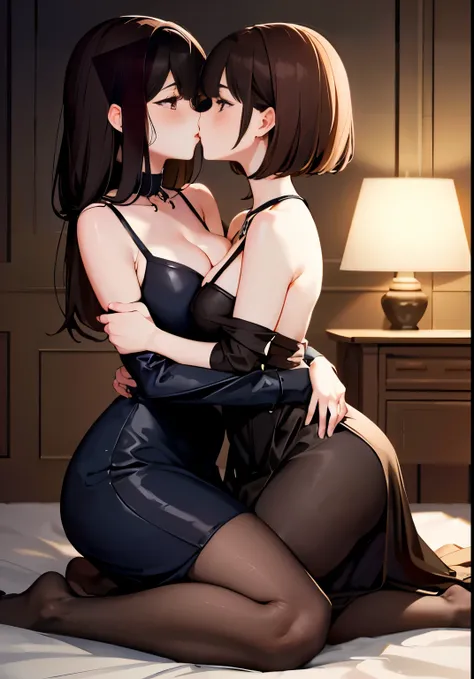 masterpiece 的脸, Good lighting, Low-cut, Meticulous attention to detail, masterpiece, Glowing eyes, 2 girls, Dark brown hair, Best quality, View, Full Body Love, Wide hips,Maximum chest，Off the shoulder dress，Low-cut装，2 girls在拥抱亲吻，lily，Two female lovers，Pas...