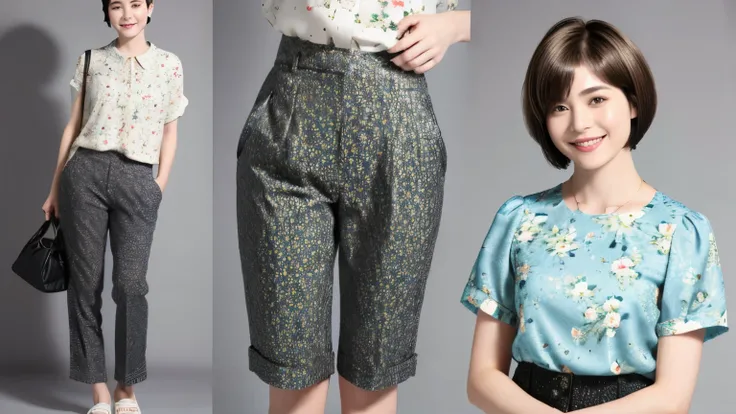 230 (18-year-old female,Floral clothes),  ((short hair:1.46)),  (Pants Style), (A kind smile)