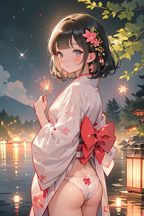 ((sexy cute mini kimono and elegant beautiful white laced panties)),
Full body,Looking back,♥(Japanese beautiful flower printed kimono,yukata),((1girl,cute,young,semi long beautiful black hair,blunt bangs,twin tales,beautiful eyes)),(solo),((masterpiece, h...