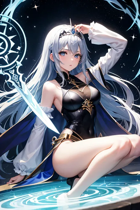 （（（highest quality、first-clasasterpiece、Normal body、8k、Detailed face、Ultra-precision、Normal hand、Normal finger、５Finger、）））Brightly colored hair、Rainbow black silver hair、Small breasts、Flexible body、Brave、Braveの剣、光のBrave、Sword of Light、聖なるBrave、Holy Sword、S...