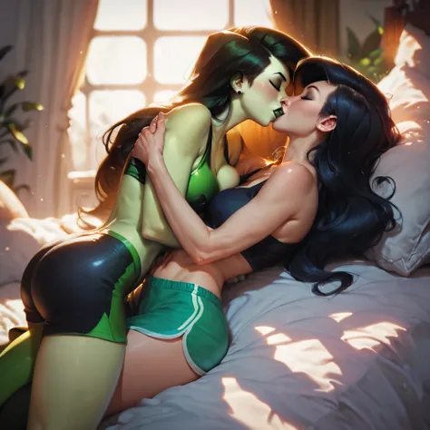 score_9, score_8_up, score_7_up, score_6_up, score_5_up, (high quality, detailed, beautiful), detailed soft lighting, rating_explicit, 2girls, Disneys Shego cuddling in bed with Disneys Kim Possible, kissing, passionate, wearing cute tight pajama shorts an...