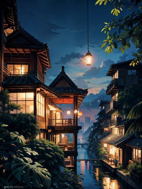 painting of a midnight Chongqing view, beautiful calm lofi vibe,monstera plant, hanging lights  ,chair,table 4k hd, cloud,beautiful art uhd 4 k, a beautiful artwork illustration, beautiful digital painting, highly detailed digital painting, beautiful digit...