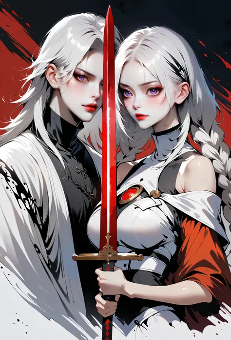 Half-length portrait，Girl with sword，simple lines minimalism，Abstract Art，(((Holding a red long sword，White long hair，Purple-twin-long-braids，High Neck Off Shoulder Cropped Short Sleeve Top，Skirt-Slit，Holding a long sword))).A mysterious man in a cloak beh...