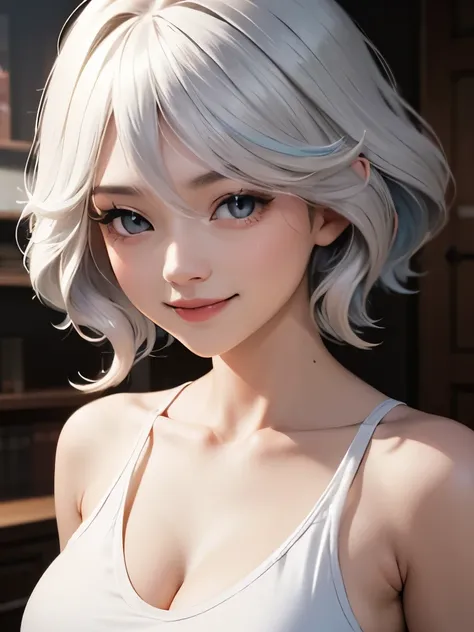 ((best quality)), ((masterpiece)), (detailed), perfect face. Asian girl. Smile. White hair. Tank top. Small breast. Cleavage. Belly.