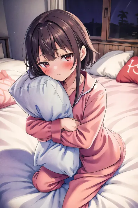 anime girl in pajamas sitting on bed holding a pillow