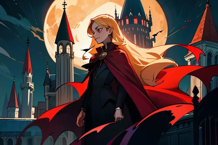 vampire、Red luxury suit、moon、night、Long Hair、whole body、Cape、Detailed Background、Bat、building、Blonde Hair