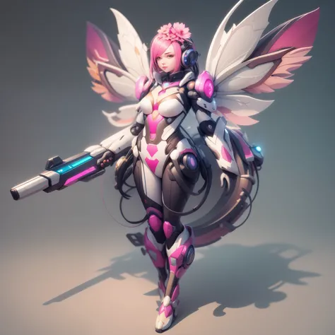 Sci-fi cartoons，Multiple Wings，Pink Flower Fairy Mech，High Detail，Full body portrait