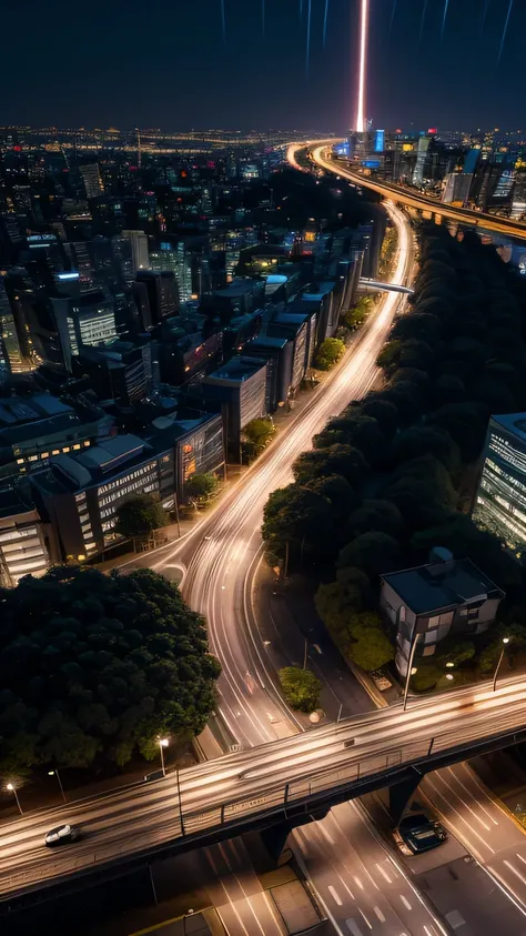 city(Tokyo,many buildings,car running the main road,),effect(car light trail)background(night),quality(8k,wallpaper of extremely detailed CG unit, ​masterpiece,hight resolution,top-quality,top-quality real texture skin,hyper realisitic,increase the resolut...