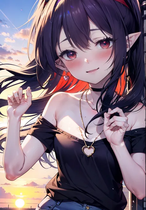 yuukikonno, Yuki Konno, hair band, Long Hair, Pointy Ears, Purple Hair, (Red eyes:1.5), (Small breasts:1.2), blush,happy smile, smile, Open your mouth,Purple cold off-the-shoulder,tops,Short sleeve,skinny pants,piece,Heart-shaped necklace,Sunset,evening,Th...