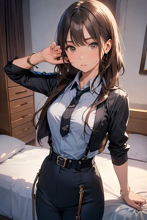 Brown Hair、Staring at the audience　　　Black suspenders　　　bulging big breasts　　 　 　　　wall: 　Black pantsuit　　　　　　sight　　　Small face　 　　　holster　　　Beautiful woman　　Show your hand　　 Lying in bed　　sight 　　Taunt　side　side汗 　arm　Dress shirt　Black Suit　belt