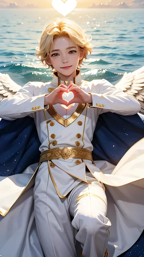 A boy angel who serves the Sun Goddess。 Make a big heart with your hands、He puts his face in it and smiles.。A pose that makes you feel like the king of love。Blonde。Wearing clothes that don&#39;t reveal any skin。The location is a sanctuary bathed in sunligh...