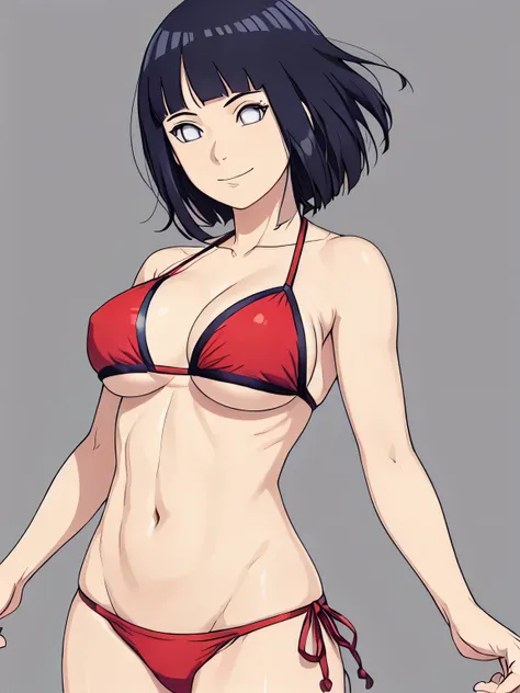 (hinata(boruto), (high quality, upper body view only, anime, tall woman, perfect hand anatomy, red bikini, off-shoulders, little biceps, long belly, smile), ((triceps)), ((dancing)), (medium-big breasts), closed mouth), (posing for the viewer), pale skin, ...