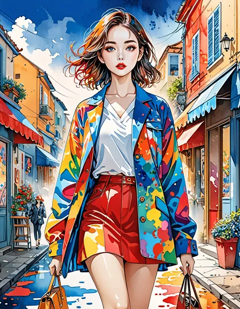 Micho Style、(((stylish fashion))), 8K Quality、Intense watercolor, Detailed watercolor art, Watercolor splash, Surreal, avant-garde pop art, Beautiful and expressive paintings, Beautiful artwork illustration, Very colorful tones, wonderful, Cool beauty, hig...