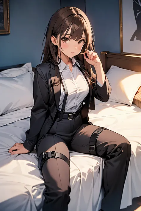 Brown Hair、Staring at the audience　　　Black suspenders　　　bulging big breasts　　 　 　　　wall: 　Black pantsuit　　　　　　sight　　　Small face　 　　　holster　　　Beautiful woman　　Show your hand　　 Lying in bed　　sight 　　Taunt　side　side汗 　arm　Dress shirt　Black Suit　belt