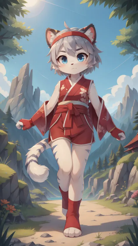 Furry girl, young, white tiger, gray hair, spiky short hair, blue eyes, white body fur, small breasts, detailed body fur, detailed face, detailed eyes, glistering body, shiny body, gorgeous body, masterpiece, high quality, :3, ((red headband, red kimono sh...