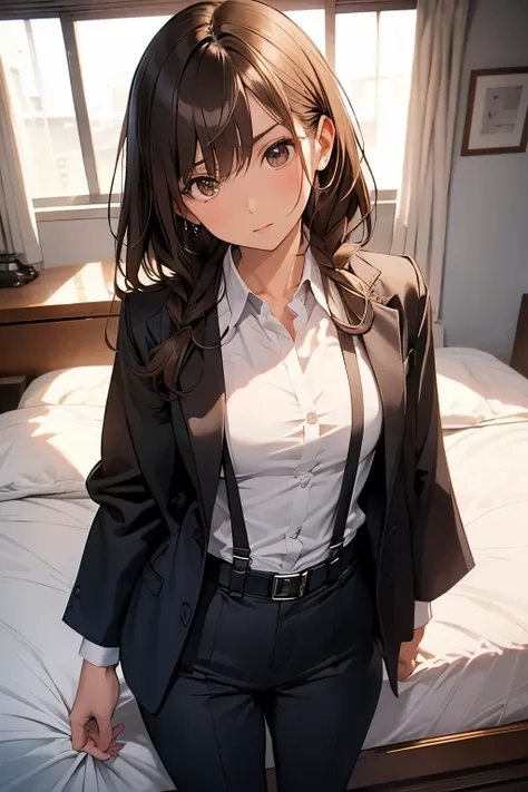 Brown Hair、Staring at the audience　　　Black suspenders　　　bulging big breasts　　 　 　　　wall: 　Black pantsuit　　　　　　sight　　　Small face　 　　　holster　　　Beautiful woman　　Show your hand　　 Lying in bed　　sight 　　Taunt　side　side汗 　arm　Dress shirt　Black Suit　belt