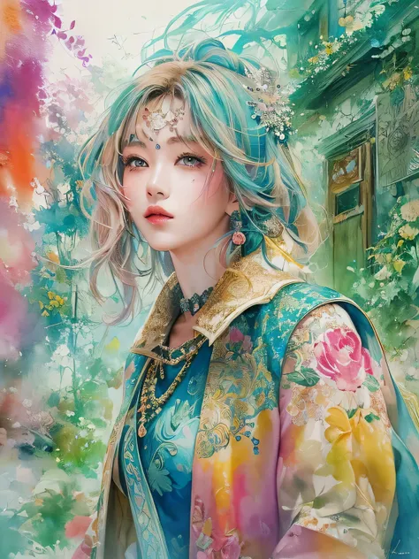 Masayo Style、(((stylish fashion))), 8K Quality、Intense watercolor, Detailed watercolor art, Watercolor splash, Surreal, avant-garde pop art, Beautiful and expressive paintings, Beautiful artwork illustration, Very colorful tones, wonderful, Cool beauty, hi...