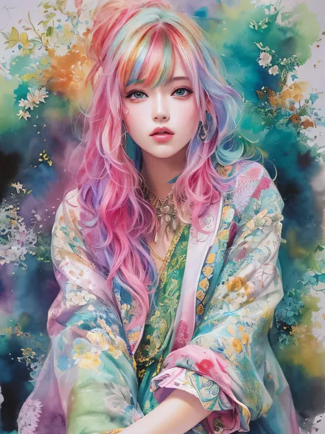 Masayo Style、(((stylish fashion))), 8K Quality、Intense watercolor, Detailed watercolor art, Watercolor splash, Surreal, avant-garde pop art, Beautiful and expressive paintings, Beautiful artwork illustration, Very colorful tones, wonderful, Cool beauty, hi...