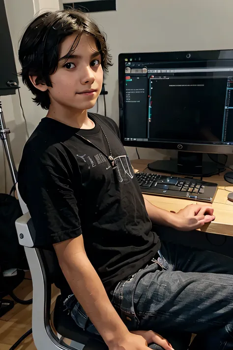 A boy sitting in front of a computer learning i java script in his studio style LED lights The boy is wearing a black shirt, black hair, keyboard & mouse