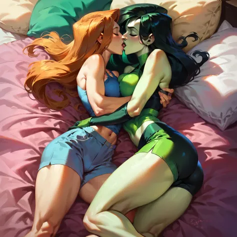 score_9, score_8_up, score_7_up, score_6_up, score_5_up, (high quality, detailed, beautiful), detailed soft lighting, rating_explicit, 2girls, Disneys Shego cuddling in bed with Disneys Kim Possible, kissing, passionate, wearing cute tight pajama shorts an...