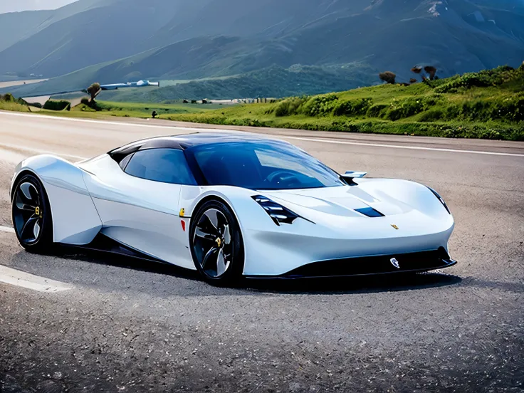 1woman, Slender woman, high resolution, An ultra-high picture quality, 8K, Wonderful expression with attention to detail, early summer coastline, A white electric hypercar concept car stopped on a mountain road, concept design, Ferrari