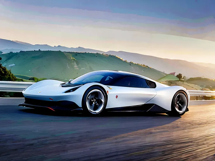 1woman, Slender woman, high resolution, An ultra-high picture quality, 8K, Wonderful expression with attention to detail, early summer coastline, A white electric hypercar concept car stopped on a mountain road, concept design, Ferrari