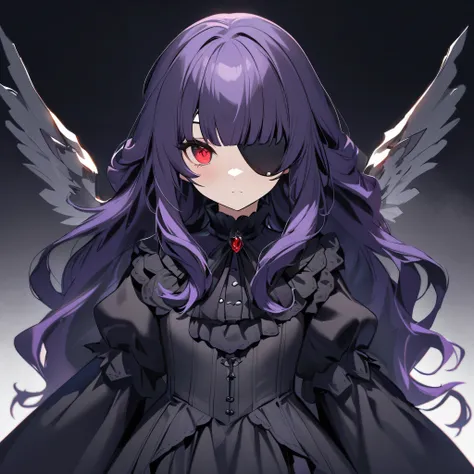 high quality,(High resolution:1.2),Incredible illustrations, (persona5) 1girl((black purple hair,wavy hair,blunt bangs,extremely long hair)(victorian black purple gothic lolita dress ,((Eye patch,Eye patch))(((red eyes)),flat chest,Archangel&#39;s Black Wi...