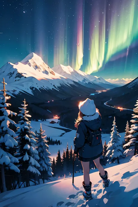 night scene、night、girl、Looking up、mountainilky way、Aurora、Arctic