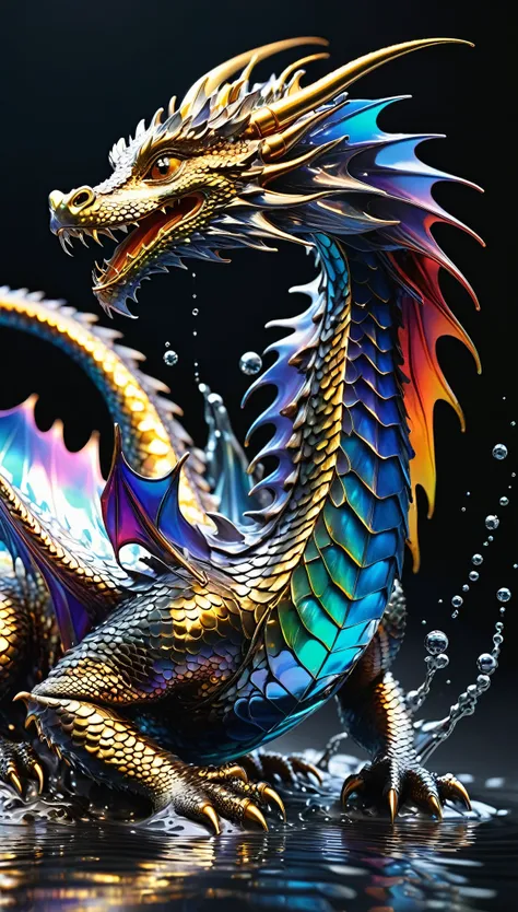 Fluid expression of liquid metal, The beauty of liquid metal, Fine art, Mercury Art, Surreal mercury artwork, (((A dragon made of liquid metal, Amorphous Dragon, The beauty of scales:1.2, Flowing liquid metal))), Mirror effect of mercury, Bright colors, Dr...