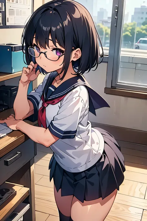 elementary school girl, 8 years old, a cup　 black hair, short bob, purple eyes　glasses　 （one person） short-sleeved sailor suit　n...