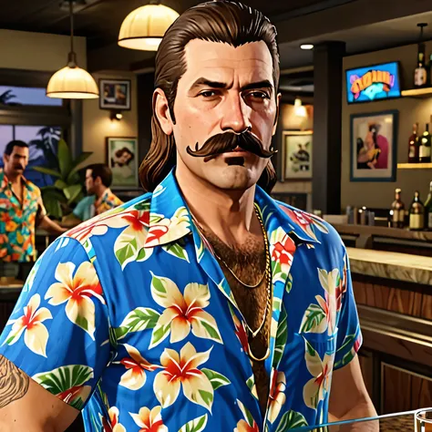  An adult man with a classically styled long, bushy mustache with long, unkempt brown hair,Wearing a blue Hawaiian shirt with a floral print , he is in a bar    ,style grand theft auto, PORTAIRT HD