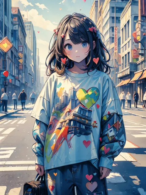 ((((masterpiece)))), highest quality, very_expensive_solve, Full Color, Gentle expression, Heart Eyes, 1 girl, Background heart cityscape, Street Style, Oversized T-shirt, Oversized pants, Looking at this, watercolor, Bokeh, Cityscape, whole body