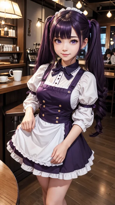 8K、highest quality、Coffee shop、Detailed hair、girl、Dark purple hair、Twin tails、Maid&#39;s Cap、Delicate face、smile、Beautiful little eyes、Hands behind back、Blushed face、Red underwear、Garter Stockings、Pop breast 5.13、Cleavage、Open the chest、Very big 、 Narrow w...