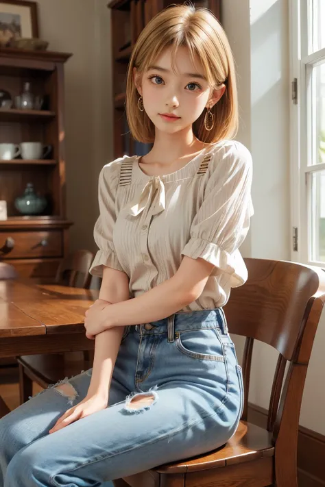 detailed face, cute face, brown eye, master piece , best quality , highly detailed , (matured female) , (chair) , (sitting) , (v arms) , blouse , short denim ,( blond hair,  earrings)