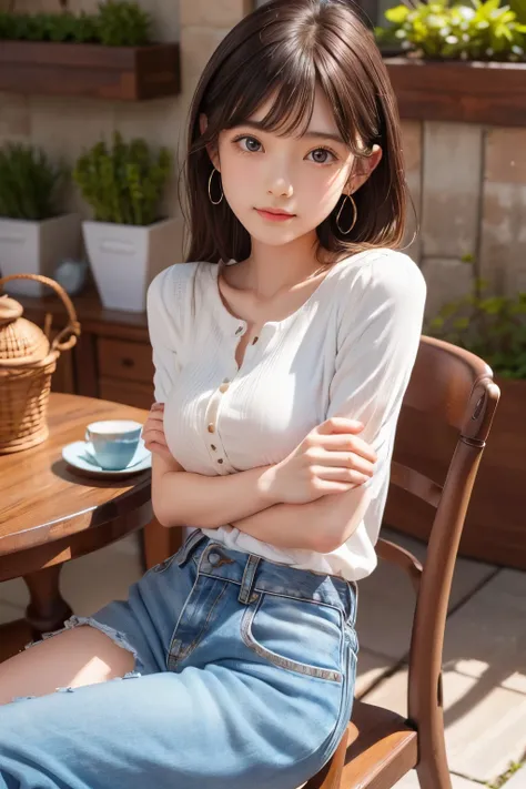 detailed face, cute face, brown eye, master piece , best quality , highly detailed , (matured female) , (chair) , (sitting) , (v arms) , blouse , short denim ,( blond hair,  earrings)