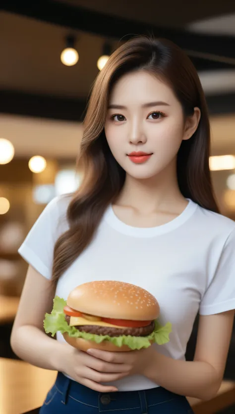 Close up of beautiful Korean woman, 34 inch chest size, Wear a well-fitting T-shirt, Pants, Take the burger, In the restaurant, Bokeh background,  Ultra HD