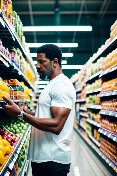 A mature man shopping at a supermarket, his salt and pepper hair softly framing his face as he meticulously selects items from the shelves. ((Quality Exemplary)) , ((Masterpiece)) , ((True to Reality)) , Denzel Washington in a casual outfit, (((Corpo Intei...