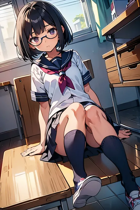 Elementary school girl, 8 years old, A cup　 Black hair, short bob, purple eyes　Glasses　 （one person） Short-sleeved sailor suit　Navy blue mini skirt　Grey panties　School classroom　Sitting on the floor　Black socks　Dynamic Angle Athletic Shoes　Low - Angle